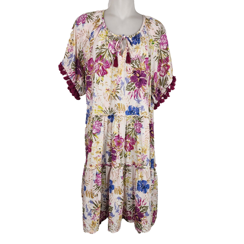 Matilda Jane Enchanted Garden Aloha Fringed Tiered Mini Dress XL Tropical Palms